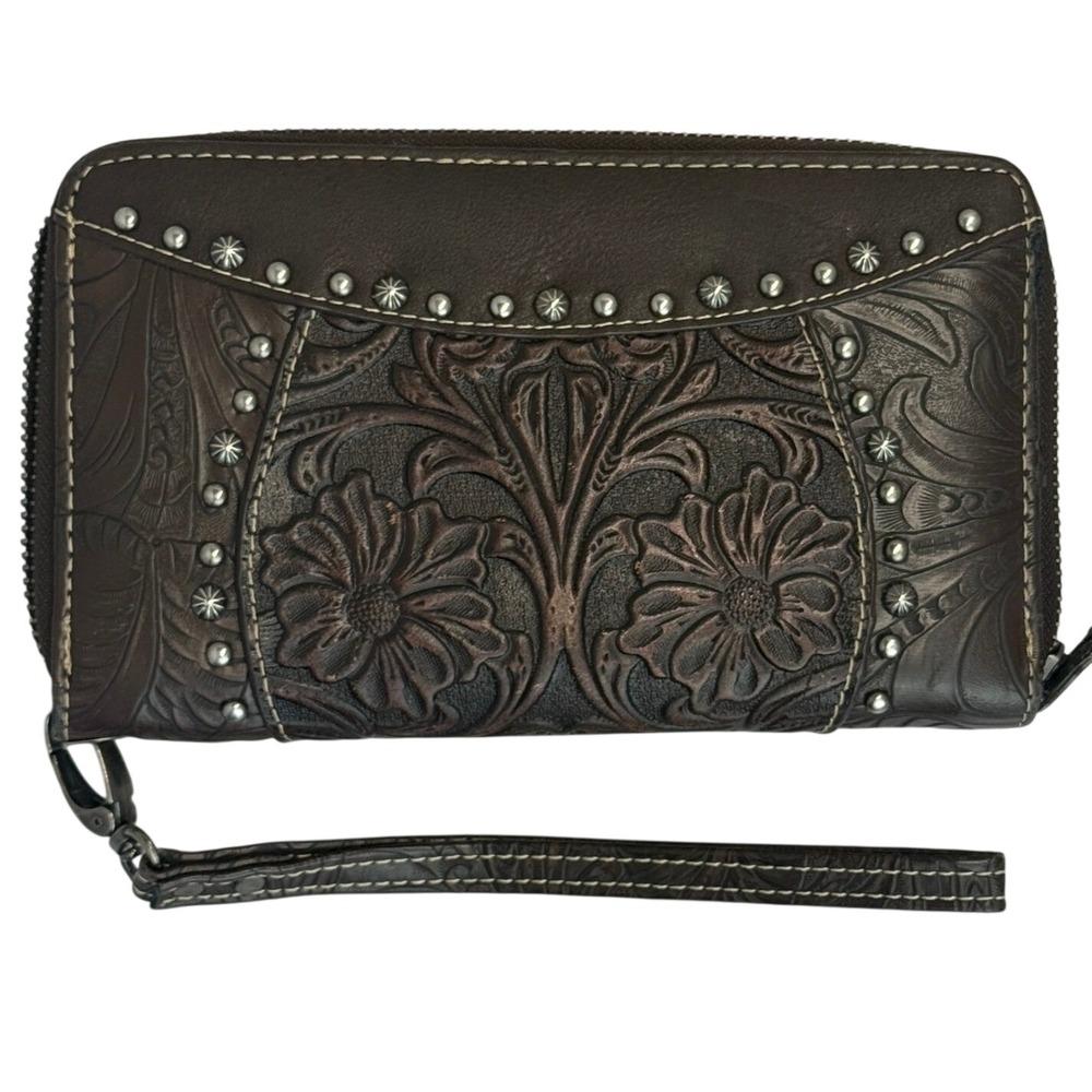 Trinity Ranch Brown Embossed Floral Studded Zip Around Wristlet Wallet